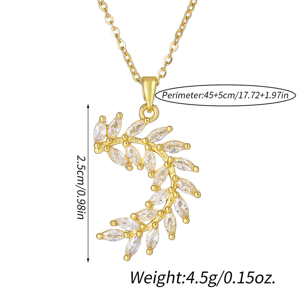 1pcsFashionable Sparkling Zircon Leaf Pendant Necklace, Imitation Diamond Wheat Ear Leaf Collarbone Chain, Suitable For Women's Daily Holiday Wear, Engagement Jewelry