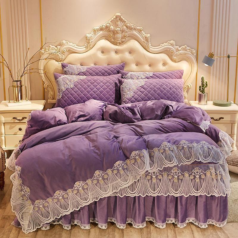 Crystal Velvet Quilted Bed Dress Four-piece Warm Lace Embroidered Lace