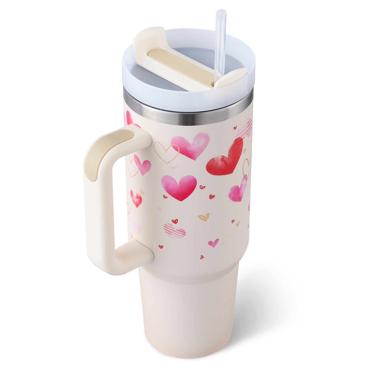 Vaso de 40 oz con asa, pajita aislada, taza de café al vacío de acero inoxidable a prueba de derrames, taza cónica con tapa, regalo para amantes de San Valentín, adecuado para el automóvil, el gimnasio, la oficina, viajes