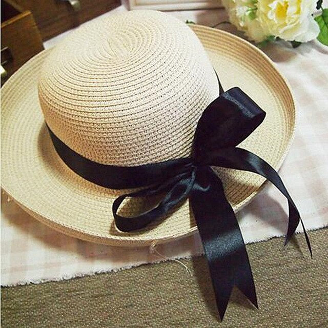 Season Straw Hats, Women's Pastoral  Bowknot Curly Straw Hat, Big Brim Hat