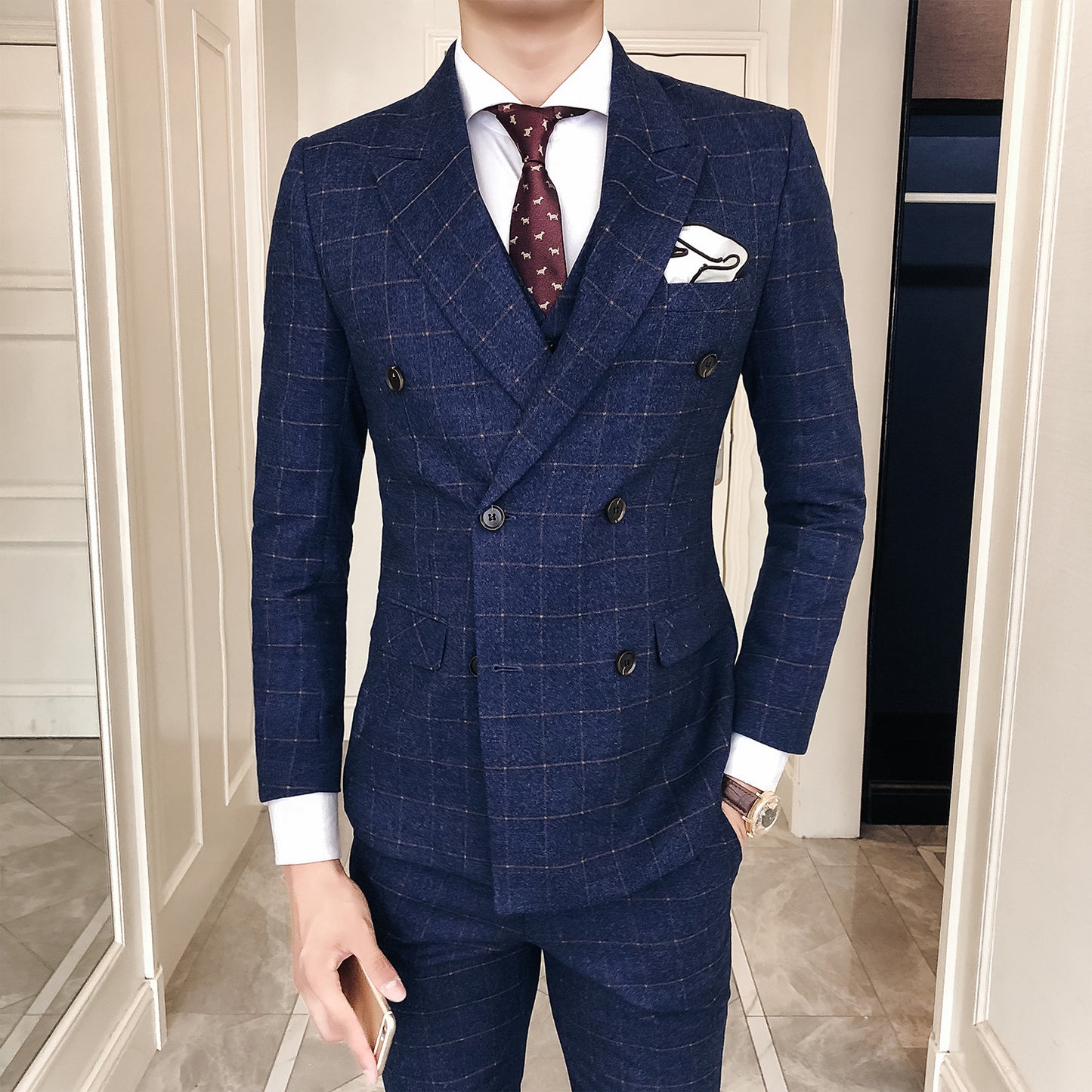 Hair Stylist Suit Three-Piece Korean Style Men's Plaid Slim Suit