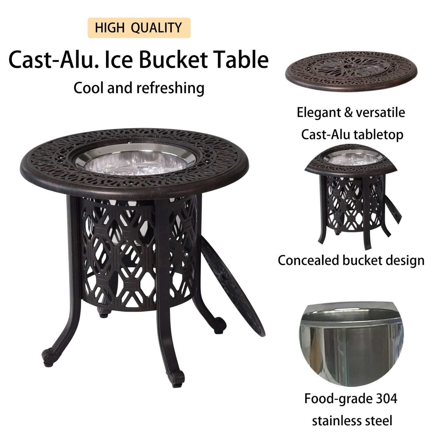 Hand Brushed Patina Bronze Cast Aluminum, Food Grade 304 Stainless Steel Ice Bucket Pail Table Set