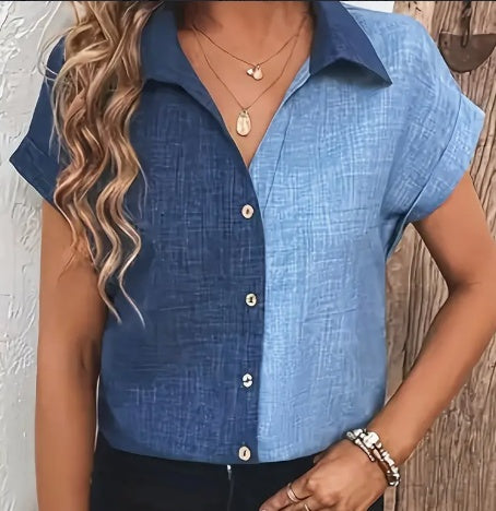 Color Block Button Up Blouse, Elegant Lapel Neck Short Sleeve Blouse For Every Day - Women's Clothing - Stylish & Versatile - Suitable For Casual & Office Wear - Perfect Gift For Women