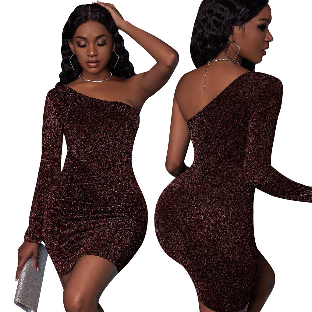 New Sexy Fashion Fil-Lumiere Evening Club Shoulder Single Sleeve Female Dress