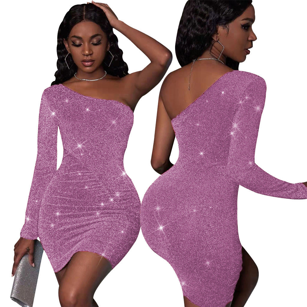 New Sexy Fashion Fil-Lumiere Evening Club Shoulder Single Sleeve Female Dress