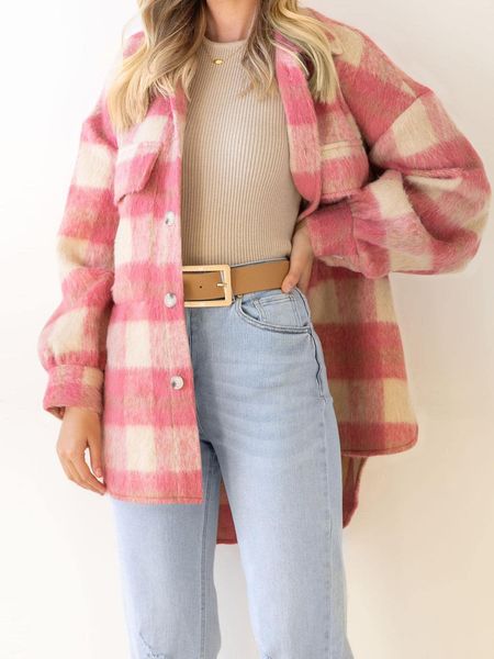 Women's Plaid Woolen Casual Coat HEBWFSHXTL