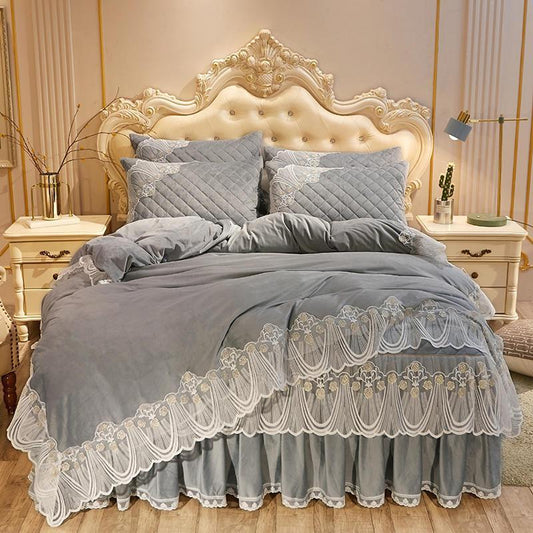 Crystal Velvet Quilted Bed Dress Four-piece Warm Lace Embroidered Lace