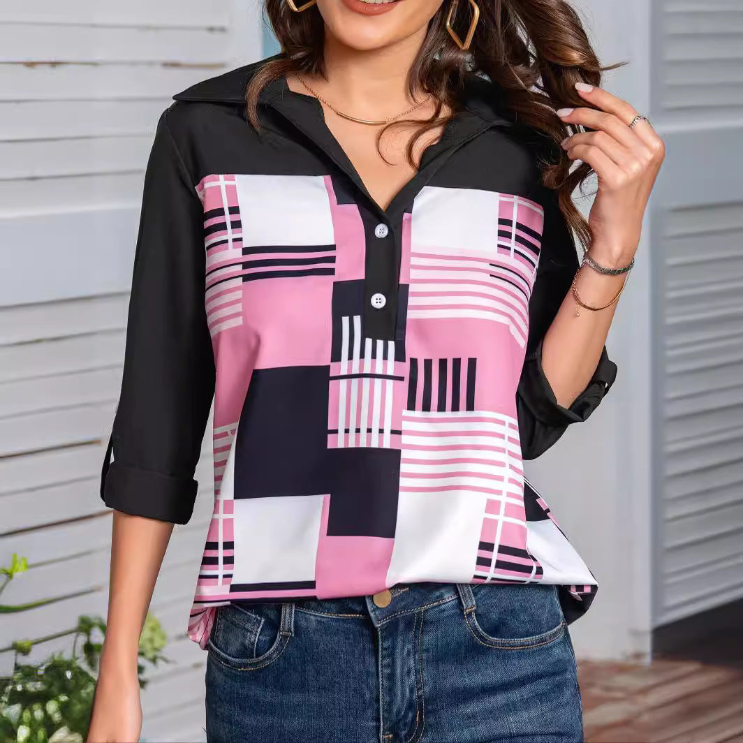 Three-quarter Sleeve European And American Ladies Fashion Printed Shirt