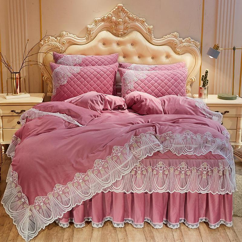 Crystal Velvet Quilted Bed Dress Four-piece Warm Lace Embroidered Lace