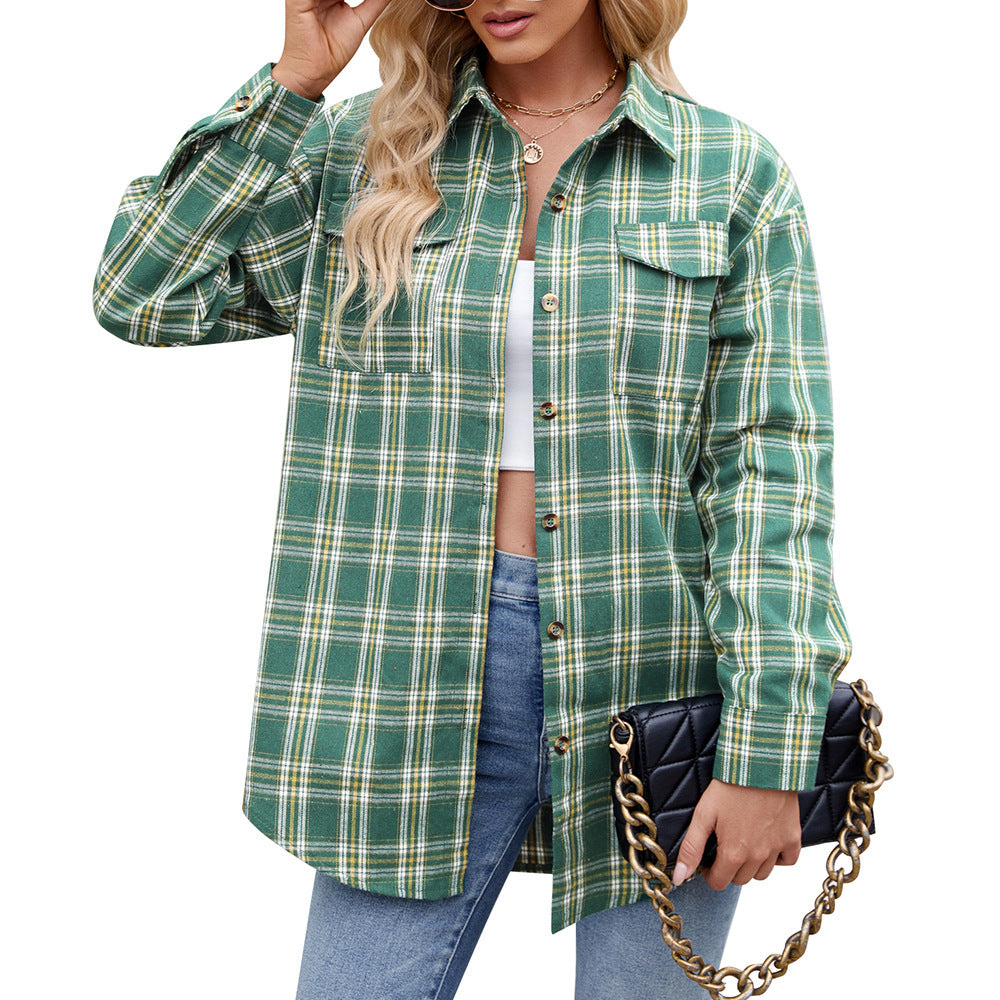 Casual Fashion Loose Plaid Pocket Shirt For Women