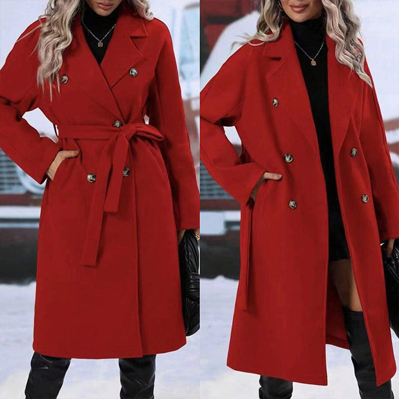 Trench-coat croisé à revers avec ceinture, mode hiver, couleur unie, veste longue, vêtements d'extérieur pour femmes