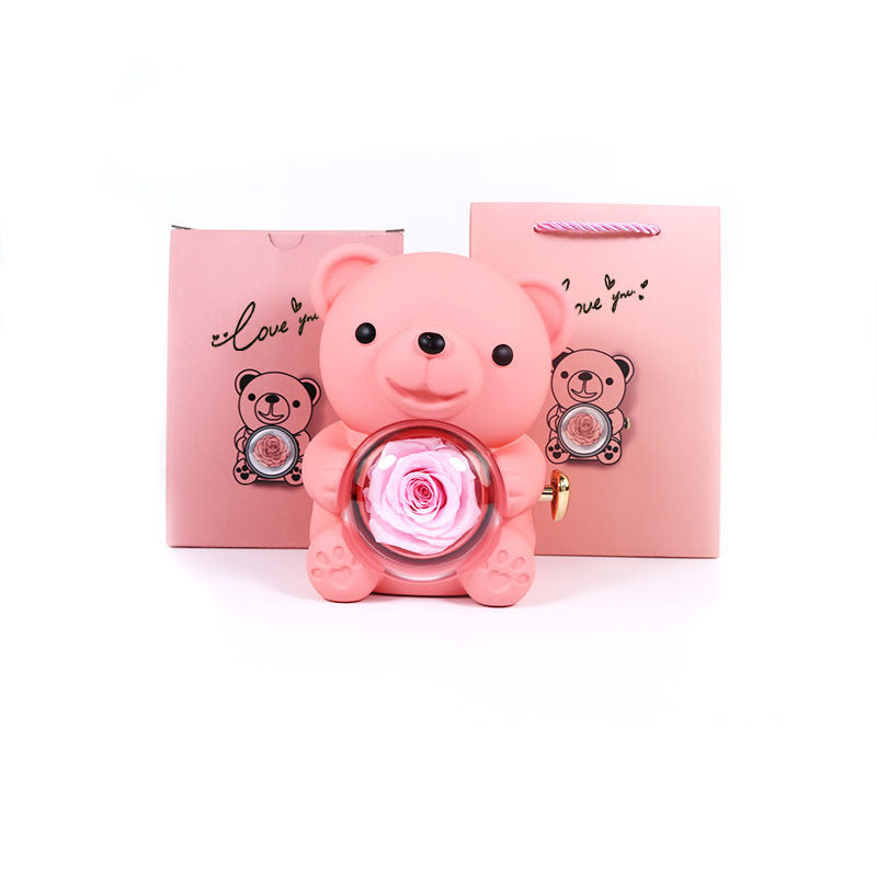 Caja de regalo con forma de osito de peluche y rosa eterna con collar, caja de joyería con forma de rosa giratoria, estuche de regalo para San Valentín, bodas, para mujer y novia