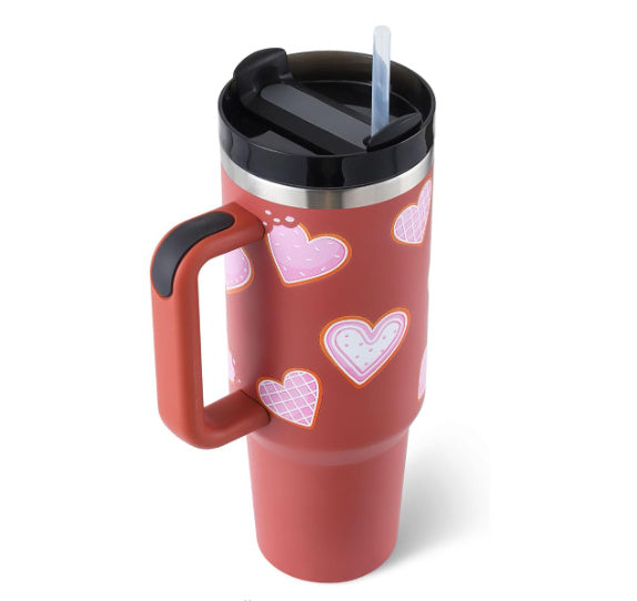 Gobelet de 40 oz avec poignée en paille isolée, tasse à café sous vide anti-déversement en acier inoxydable avec couvercle, tasse conique, cadeaux pour les amoureux de la Saint-Valentin, convient pour la voiture, la salle de sport, le bureau, les voyages