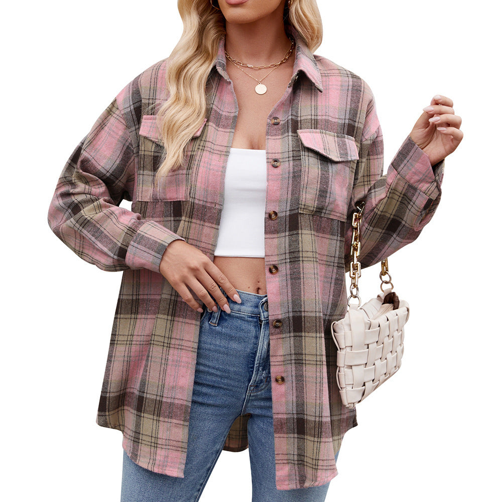 Casual Fashion Loose Plaid Pocket Shirt For Women