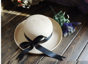 Season Straw Hats, Women's Pastoral  Bowknot Curly Straw Hat, Big Brim Hat