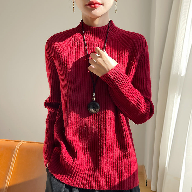 Thickened Bedford Cord Sweater Women's Autumn And Winter Half-high Collar Casual Loose Knitted Top