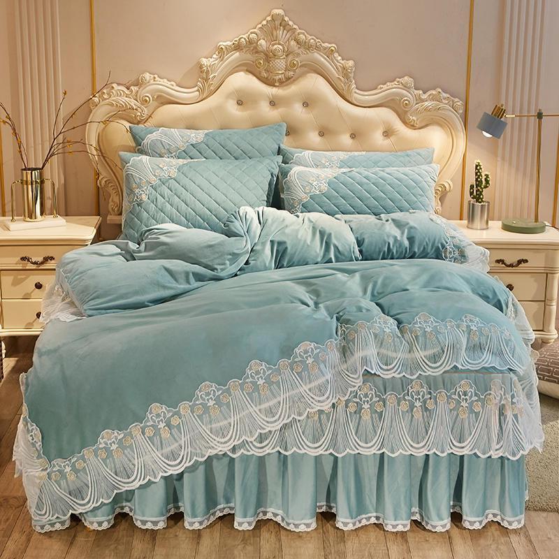 Crystal Velvet Quilted Bed Dress Four-piece Warm Lace Embroidered Lace