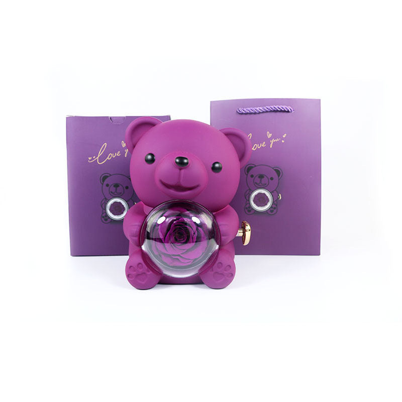 Caja de regalo con forma de osito de peluche y rosa eterna con collar, caja de joyería con forma de rosa giratoria, estuche de regalo para San Valentín, bodas, para mujer y novia