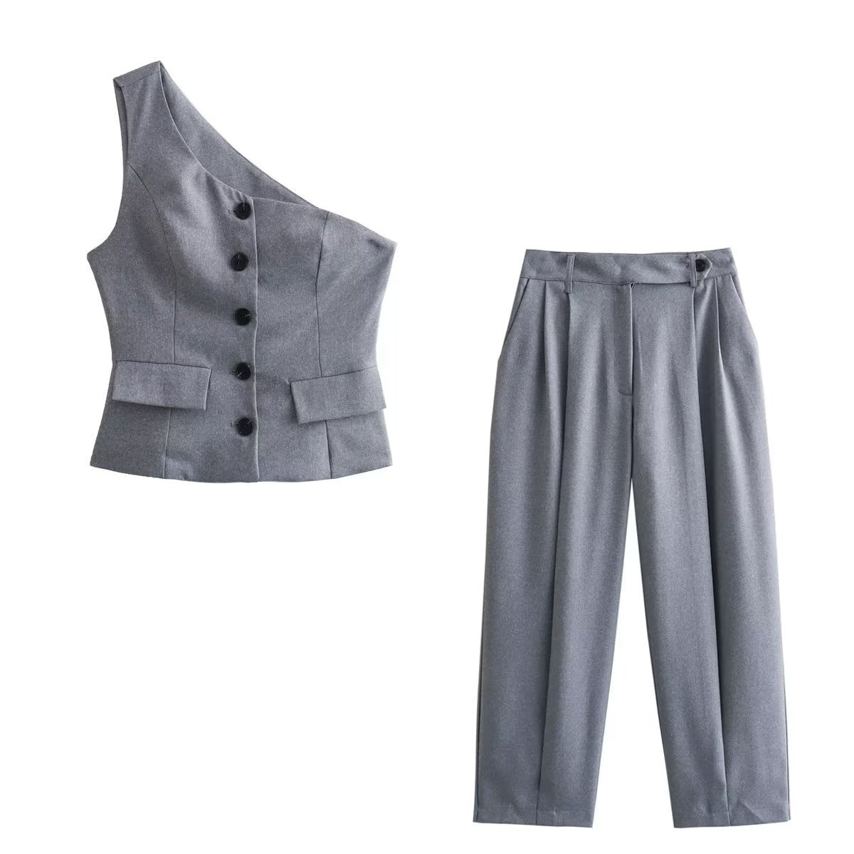 Asymmetric Vest Pleated Design Skinny Pant