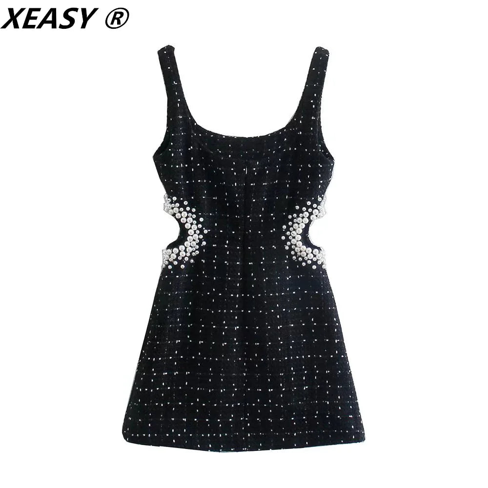 XEASY Tweed Dress Women Sexy Bodycon Slip Dress For Women 2021 Vintage Black Casual Women Clothing Hollow Out Waist Mini Dresses