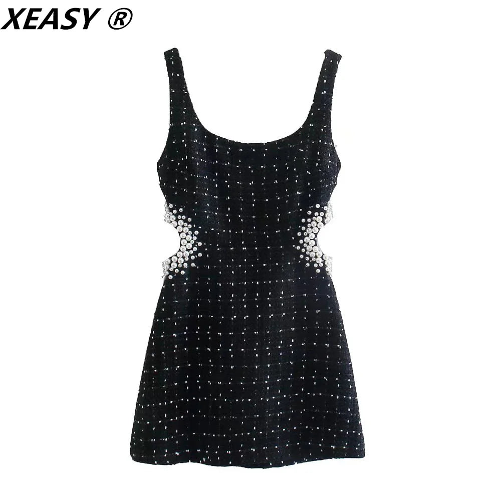 XEASY Tweed Dress Women Sexy Bodycon Slip Dress For Women 2021 Vintage Black Casual Women Clothing Hollow Out Waist Mini Dresses