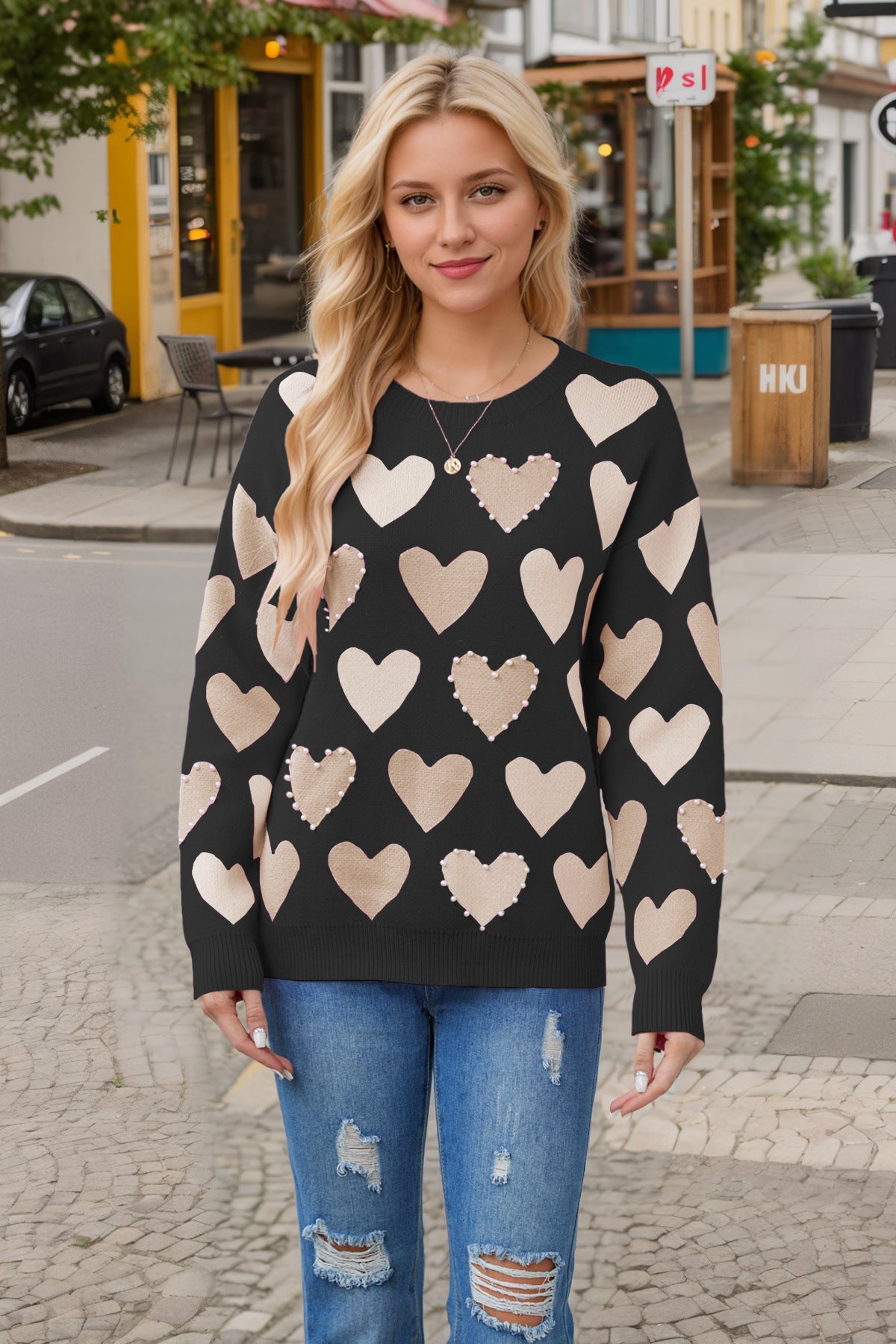 Valentine's Day Round Neck Handmade Beaded Heart Peach Sweater