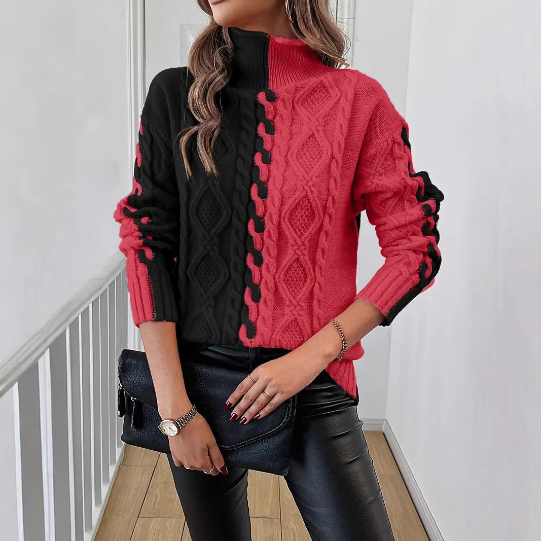 New Women's Fashion Color Contrast Stitching Symmetrical High Collar Loose Sweater