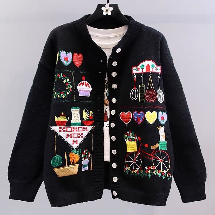 Japanese Cartoon Vintage Embroidered Sweater Coat Women's Autumn And Winter Knitting Cardigan