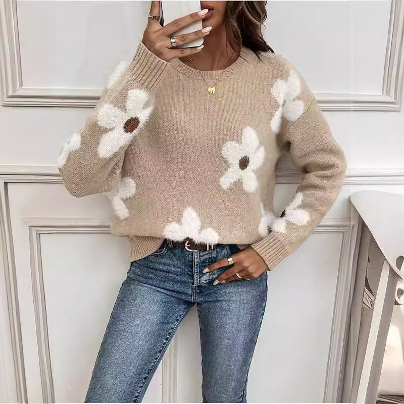 Fashion Pullover Round Neck Long Sleeves Sweater Jacquard Solid Color Knitted Top For Women