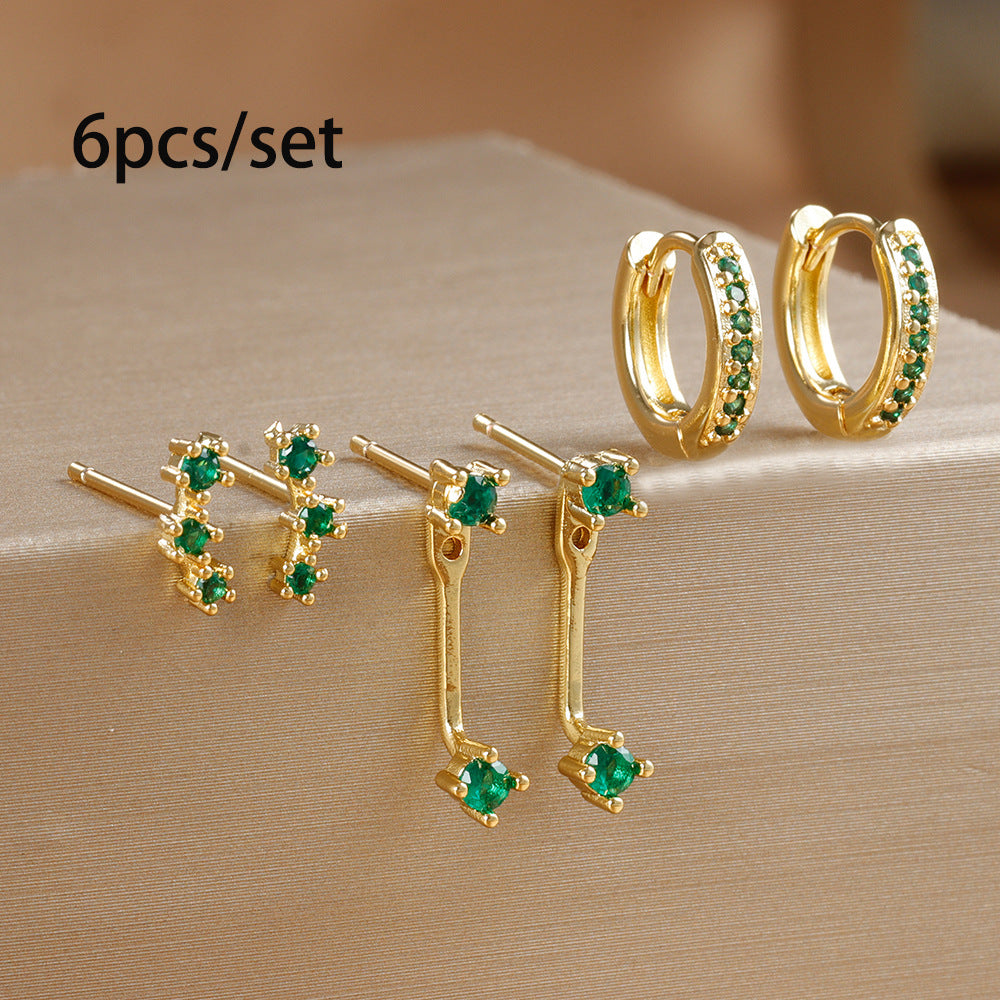 Women's Inlaid Zircon 18K Gold Plating 6-piece Set Trendy Earrings