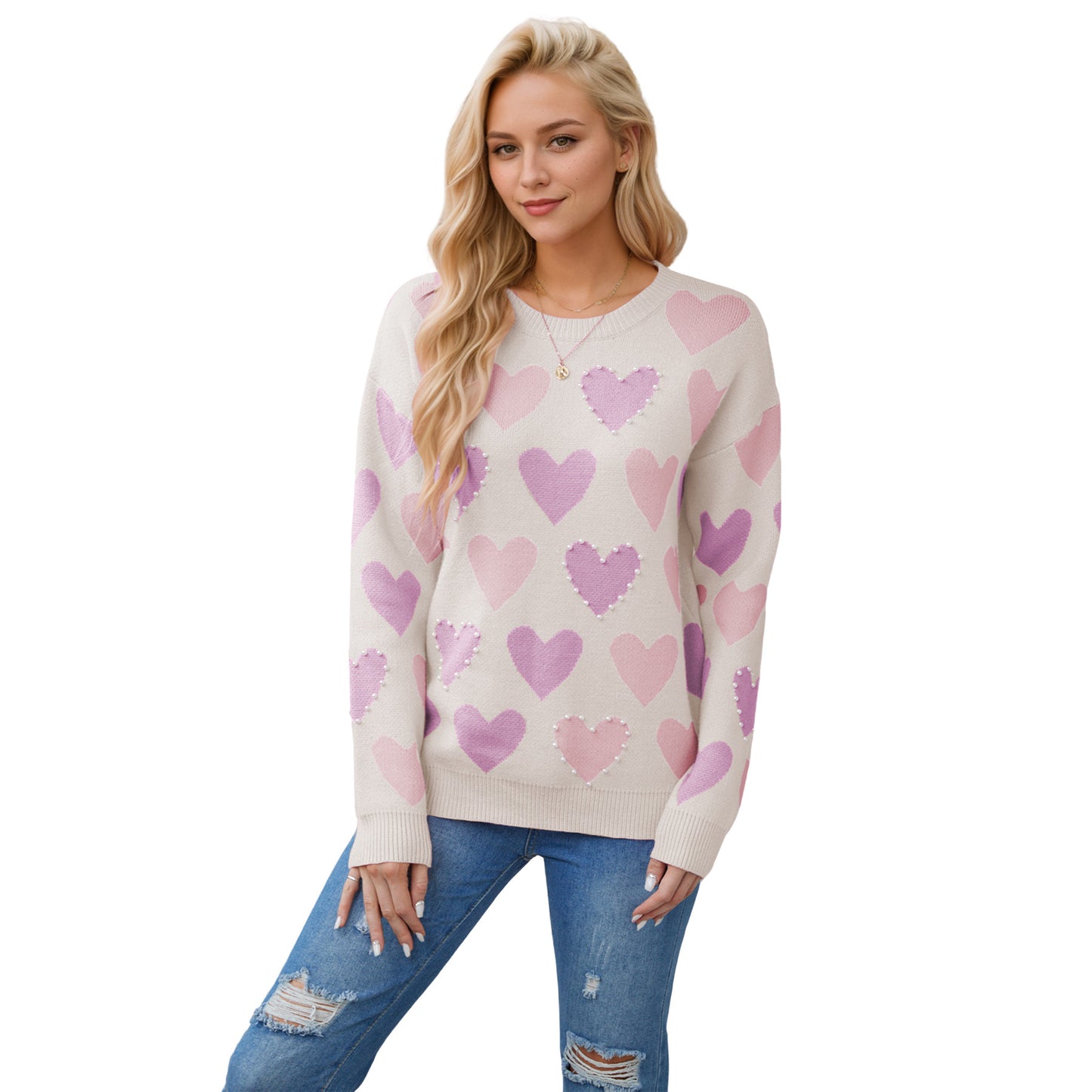 Valentine's Day Round Neck Handmade Beaded Heart Peach Sweater