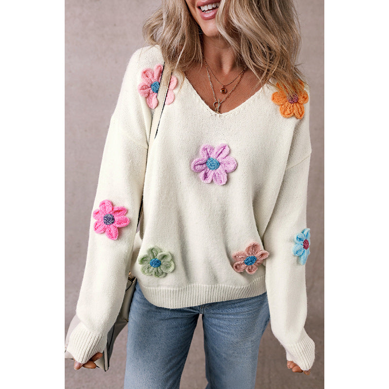 Winter New Flower Crochet V-neck Pullover Sweater Women