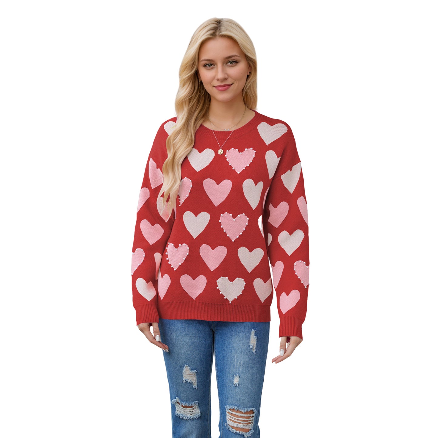 Valentine's Day Round Neck Handmade Beaded Heart Peach Sweater