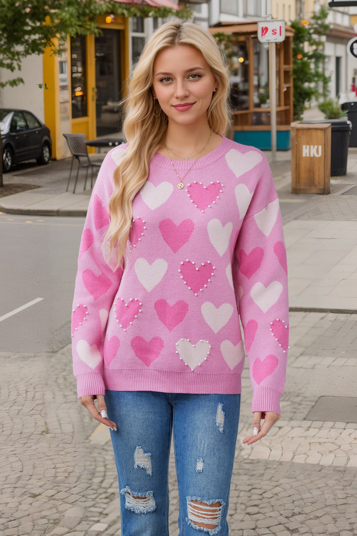 Valentine's Day Round Neck Handmade Beaded Heart Peach Sweater