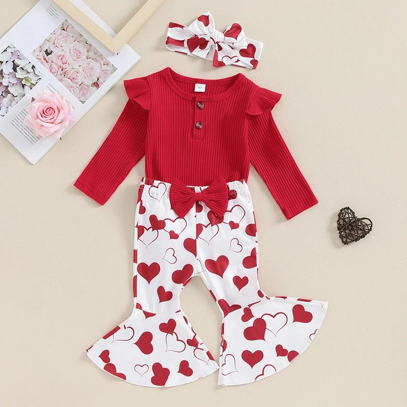 Valentine's Day Girl Baby Long Sleeved Romper Bell-bottom Pants Suit