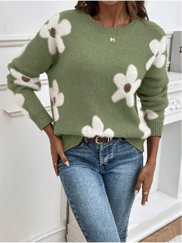 Fashion Pullover Round Neck Long Sleeves Sweater Jacquard Solid Color Knitted Top For Women