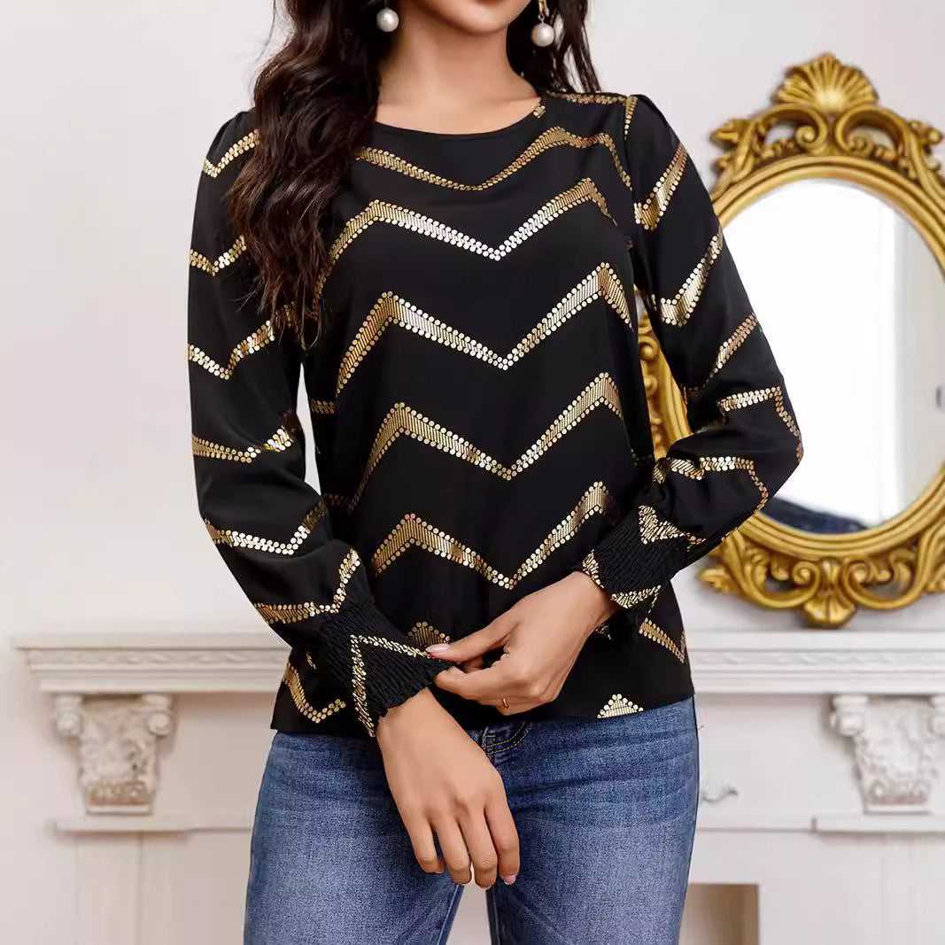 Crew Neck Casual Pleating Long Sleeve Shirt