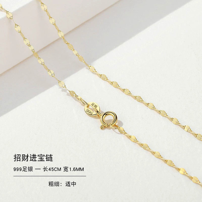 999 Sterling Silver Necklace Female 18K Gold without Pendants Silver Plated Chain Lanyard Choker Gold 925 Valentine's Day Gift