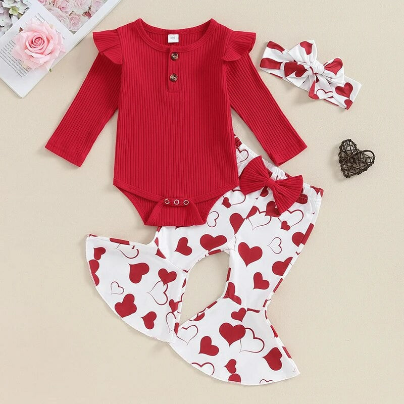 Valentine's Day Girl Baby Long Sleeved Romper Bell-bottom Pants Suit