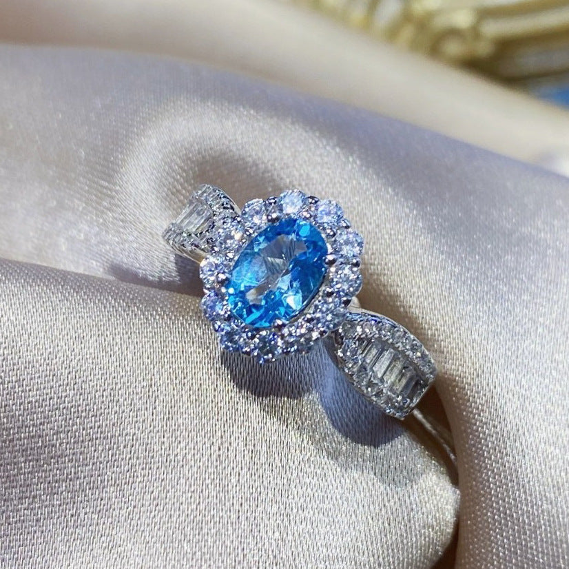 Simulation Sky Blue Topaz Full Diamond Simple Temperament Open Ring