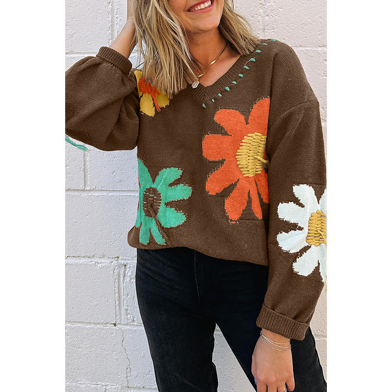 Women's V-neck Knitted Top European And American Leisure Floral Sweater