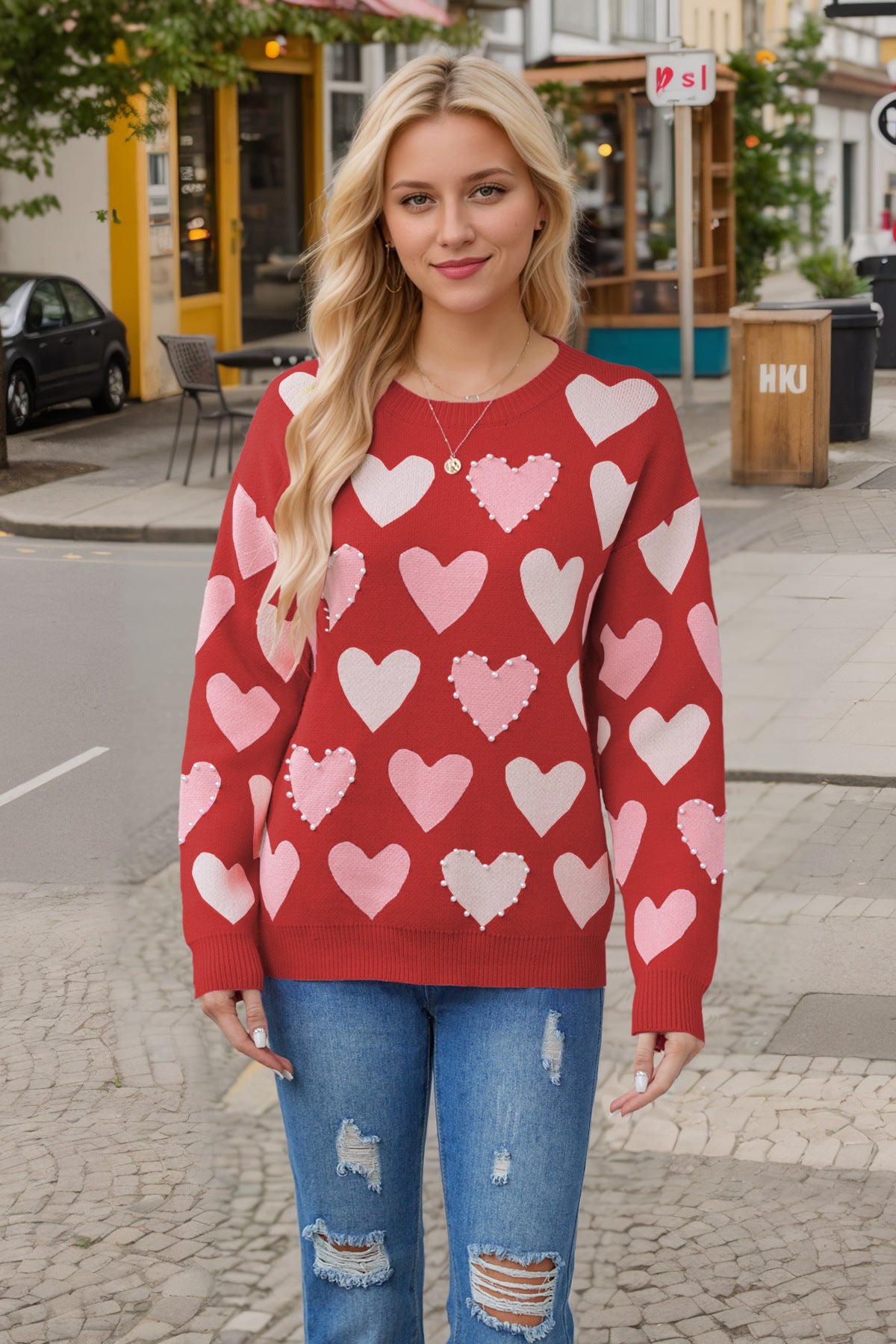 Valentine's Day Round Neck Handmade Beaded Heart Peach Sweater