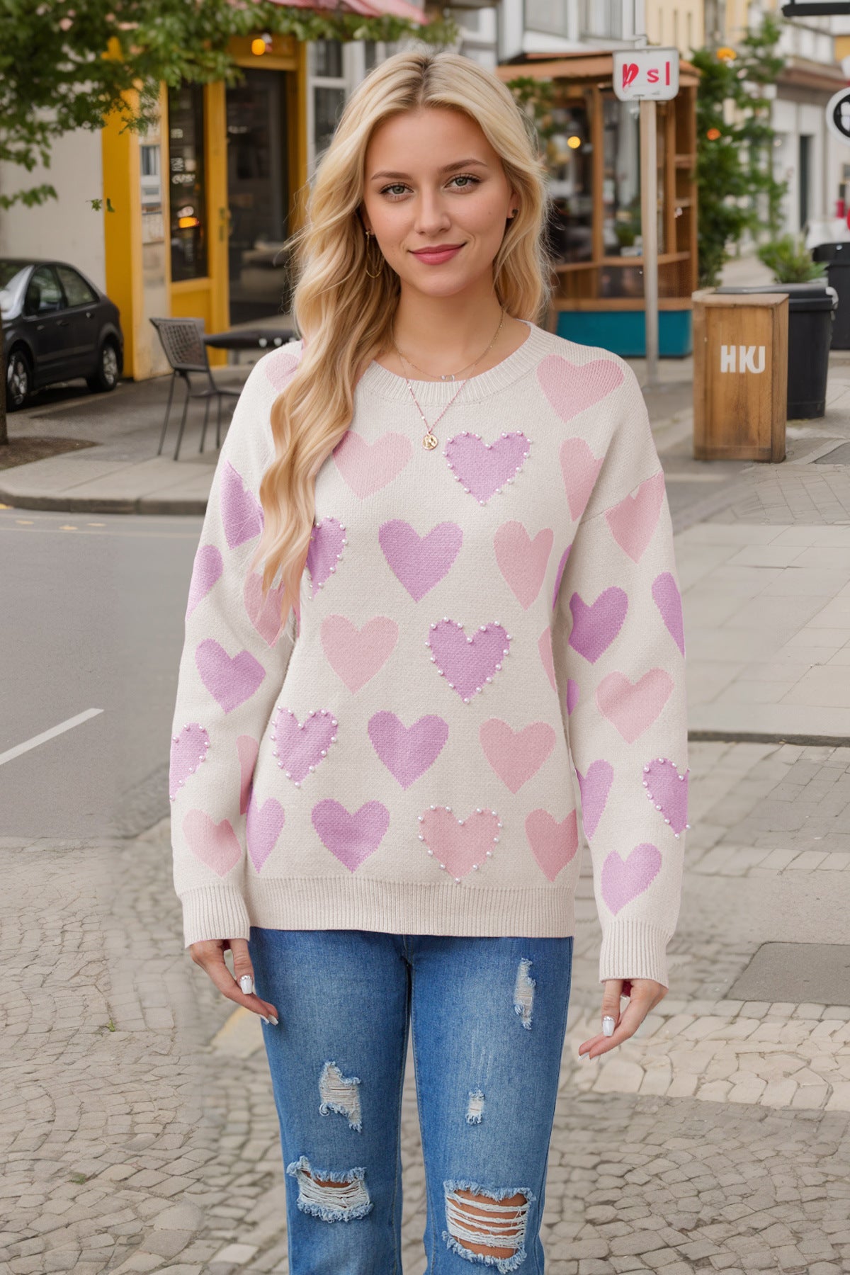 Valentine's Day Round Neck Handmade Beaded Heart Peach Sweater