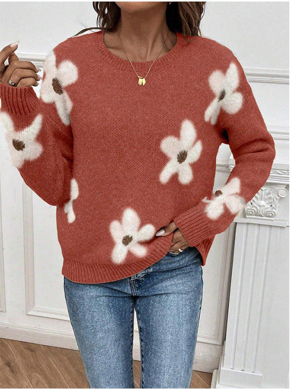 Fashion Pullover Round Neck Long Sleeves Sweater Jacquard Solid Color Knitted Top For Women