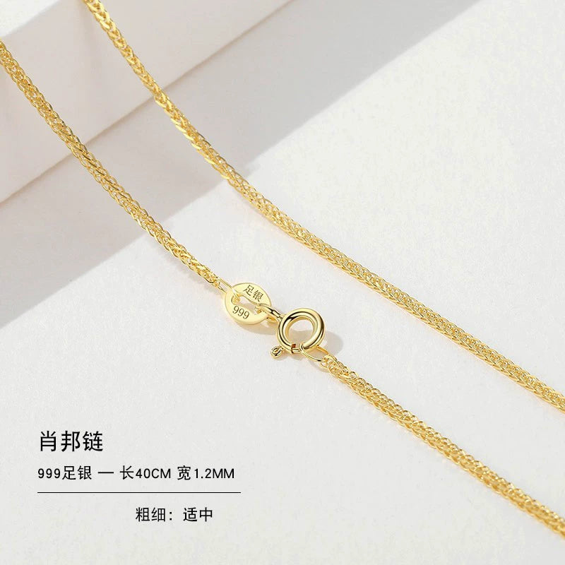 999 Sterling Silver Necklace Female 18K Gold without Pendants Silver Plated Chain Lanyard Choker Gold 925 Valentine's Day Gift