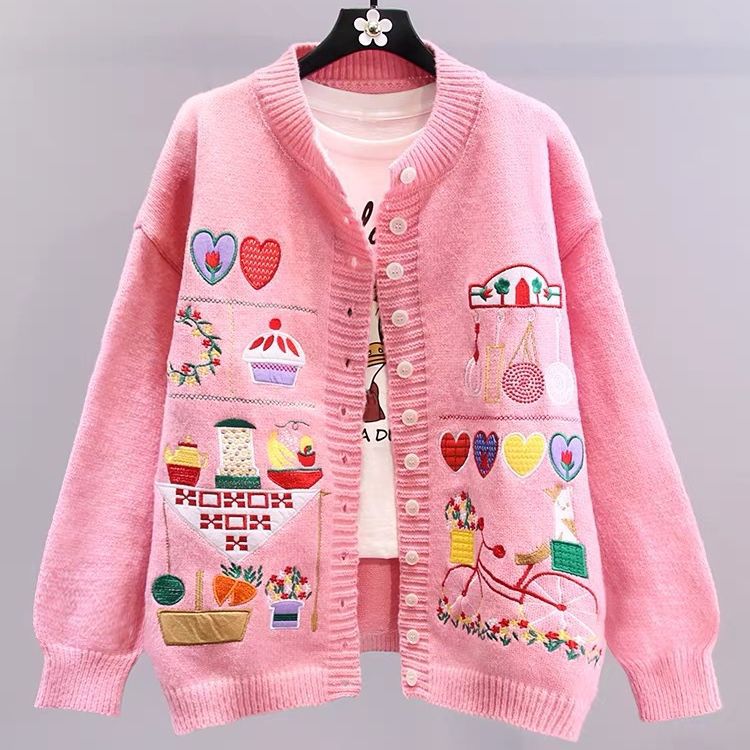 Japanese Cartoon Vintage Embroidered Sweater Coat Women's Autumn And Winter Knitting Cardigan