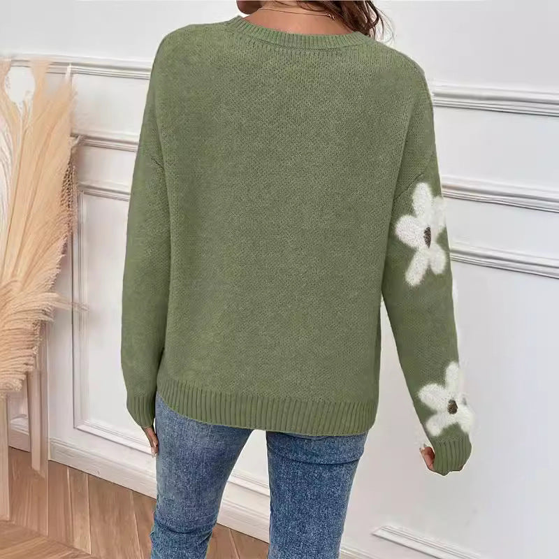 Fashion Pullover Round Neck Long Sleeves Sweater Jacquard Solid Color Knitted Top For Women