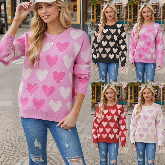 Valentine's Day Round Neck Handmade Beaded Heart Peach Sweater