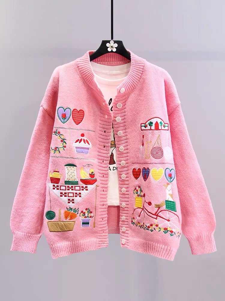 Japanese Cartoon Vintage Embroidered Sweater Coat Women's Autumn And Winter Knitting Cardigan