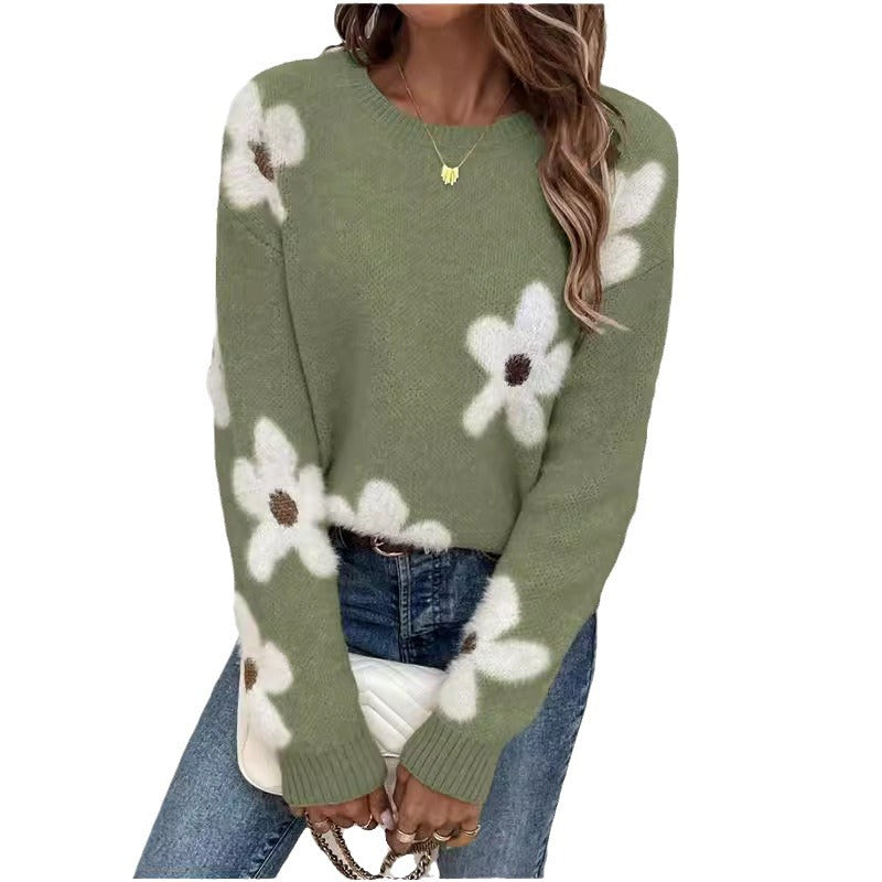 Fashion Pullover Round Neck Long Sleeves Sweater Jacquard Solid Color Knitted Top For Women